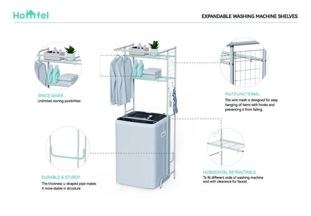 Pull Out Expandable Laundry Room Shelf Over Washing Machine Storage Rack 3-Tier Shelving Units With Rod