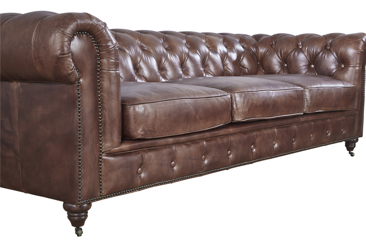 Classic Oil Wax Vintage Dark Brown Leather Sofa Living Room Commercial Furniture