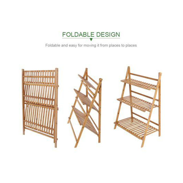 Home Folding Bamboo Plant Rack Flowers Pot Stand Shelf For Balcony