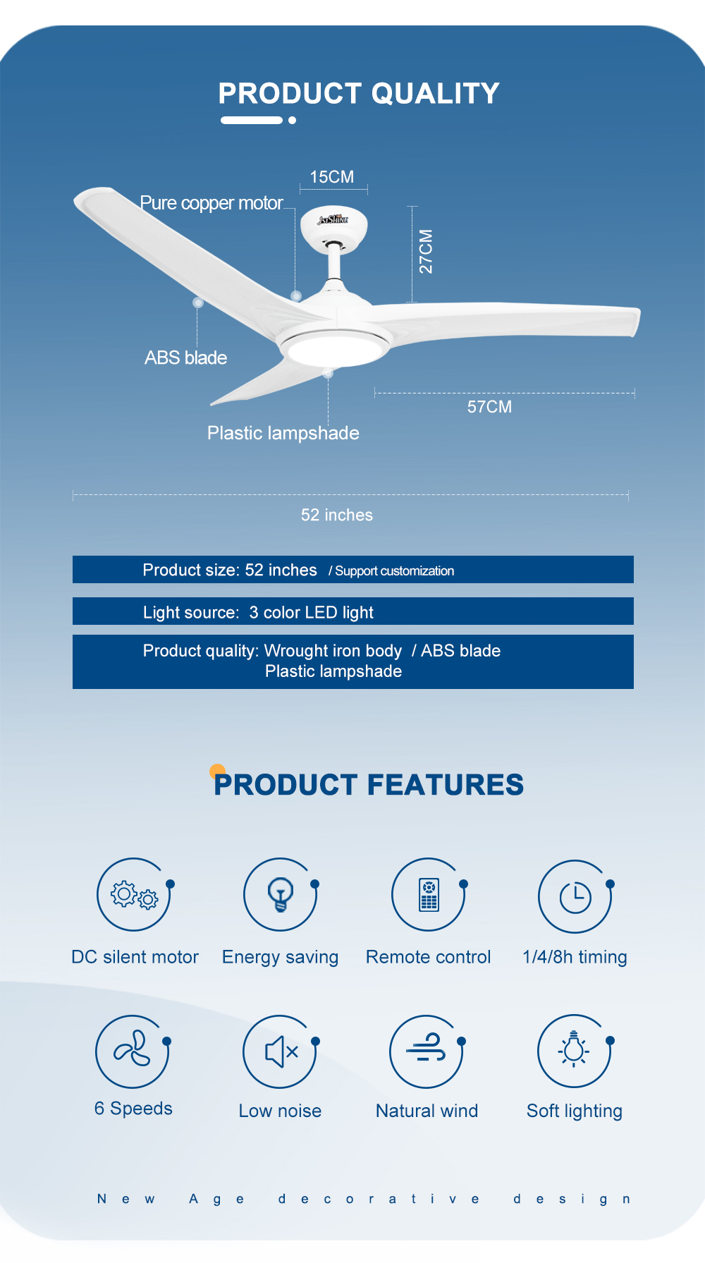 Home Office 52 Inches Ceiling Fan with LED Decorative Lighting and Remote Control Switch