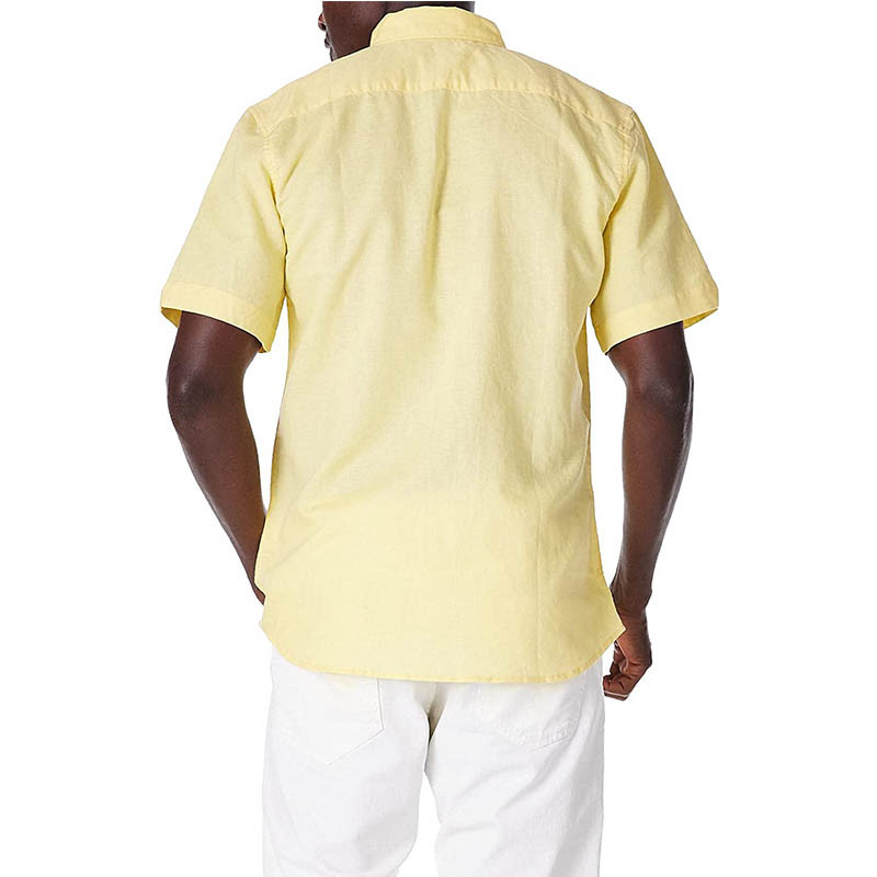 Linen Cotton Mens Breathable Button Up Shirts Light Yellow Short Sleeve Shirt
