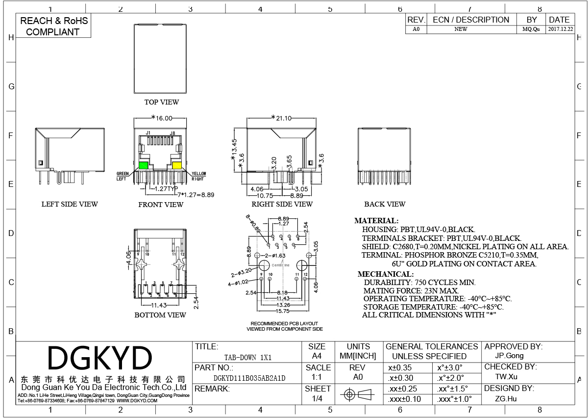 RJ45 Connector 100Mbps Ethernet Port Without Transformer, With Light And Shielding DGKYD111B035AB2A1D