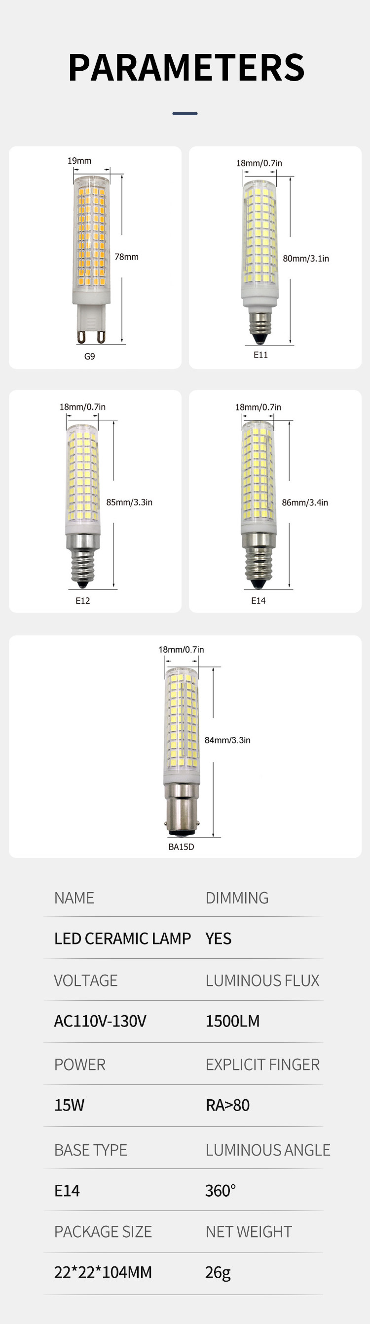 136 Beads 2835 Adjustable LED Corn Cob Light G9e11e12e14ba15d High Brightness 15W