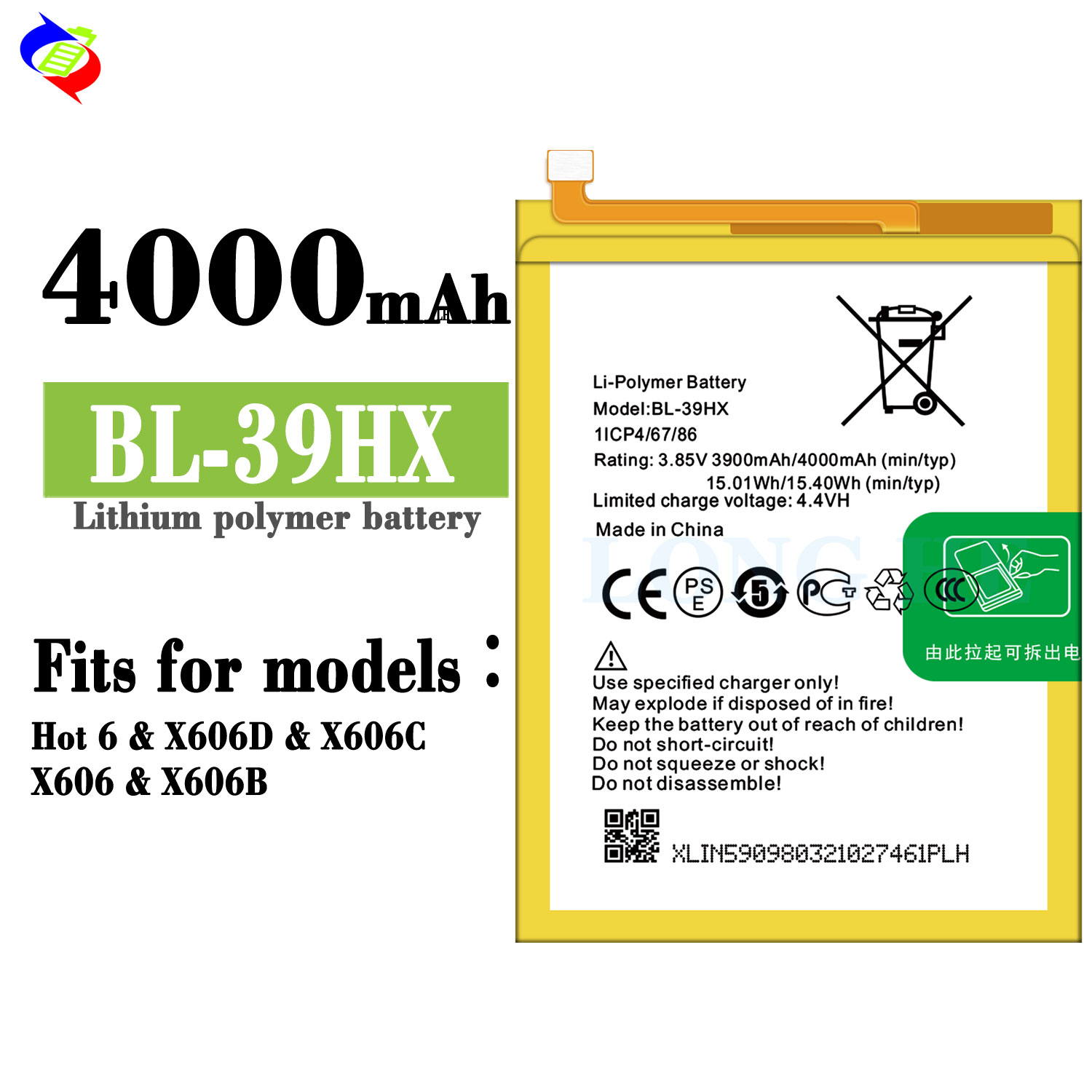 BL-39HX 4000mAh Hot 6 Mobile Phone Battery for Infinix X606 Rechargeable Batteries