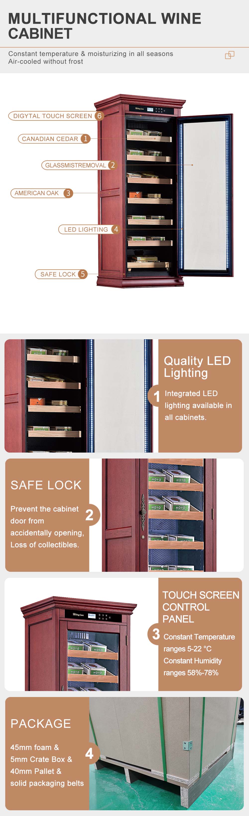 Luxury LED Lights Dual Zone Double Door Cigar Humidor Cabinet