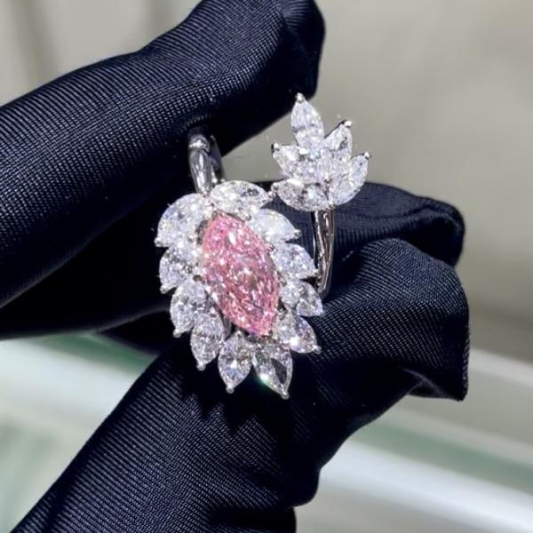 18k Marquise Shape Lab Grown Pink Diamond Ring Sakura Pink Luxury Design For