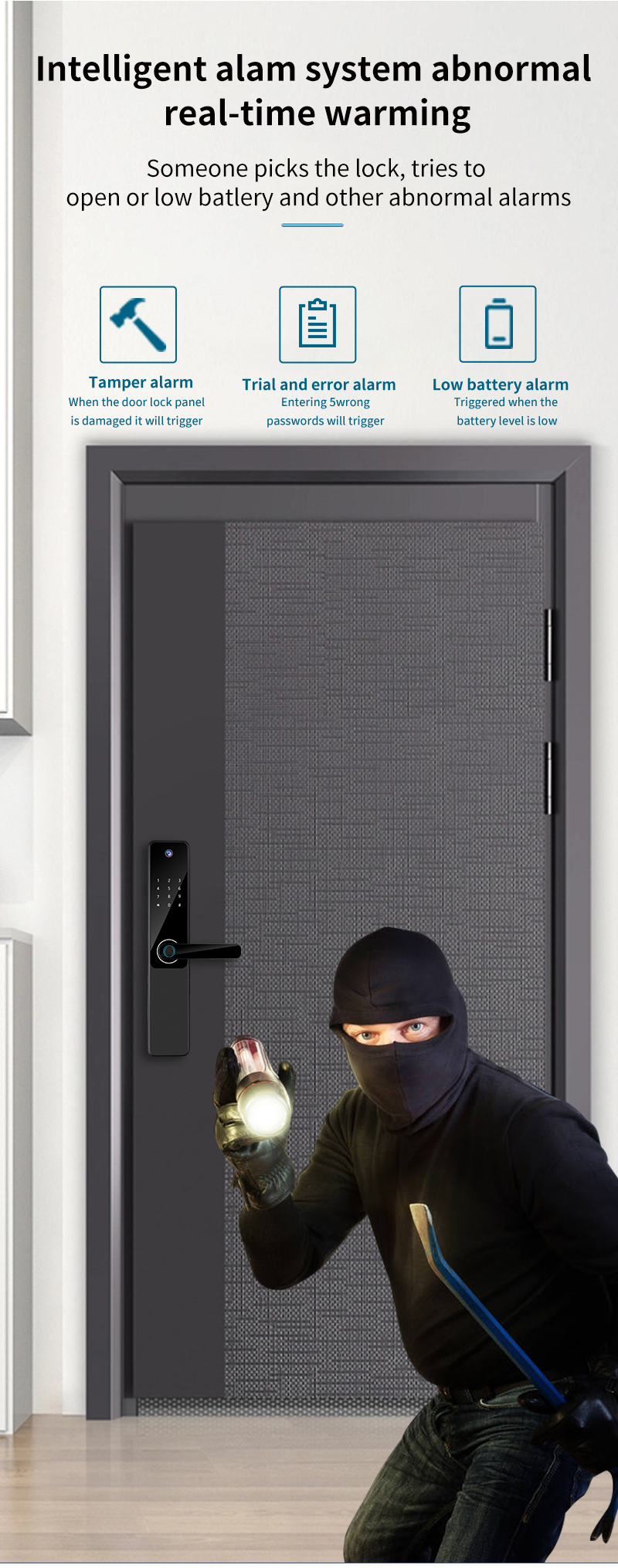 High Security Camera Smart Lock Black Silver For Home Apartment