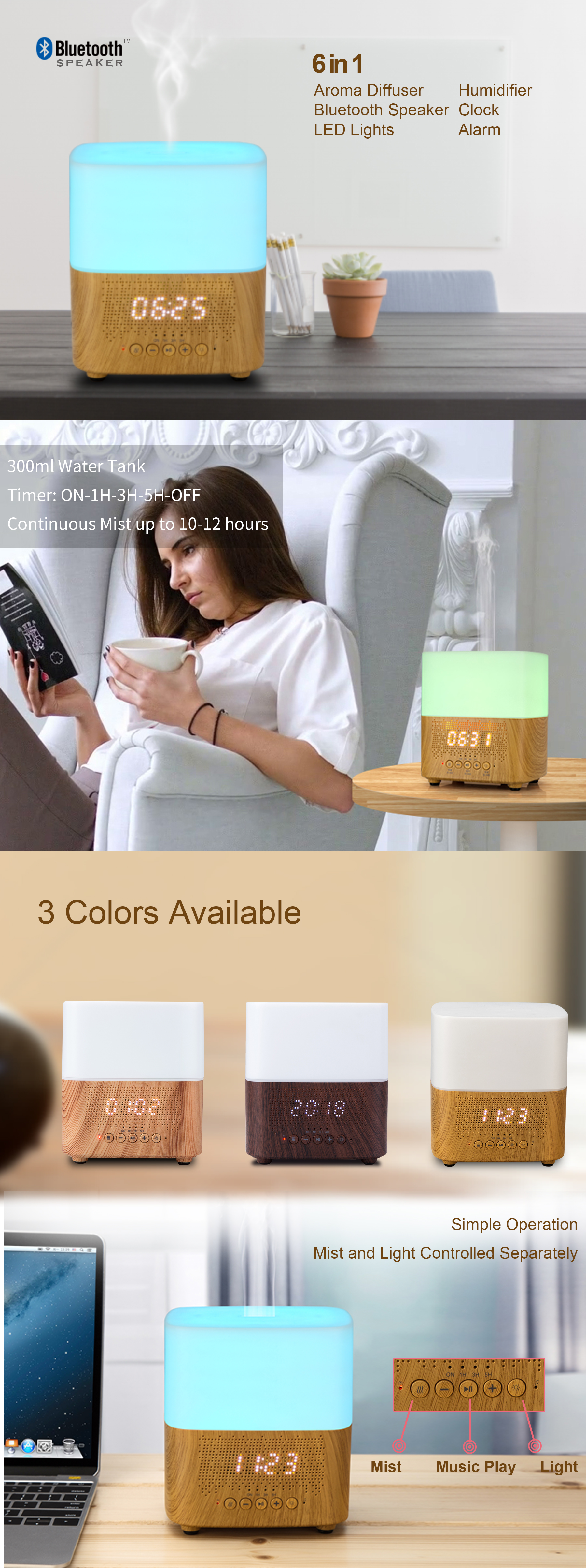 Bluetooth Speaker Humidifier 300ml Air Home Decoration Cool Mist Aroma Diffuser