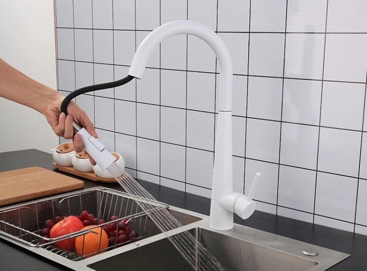 4 Hole Single Handle White Stainless Steel Pull Out Tap Kitchen Faucet Mixer