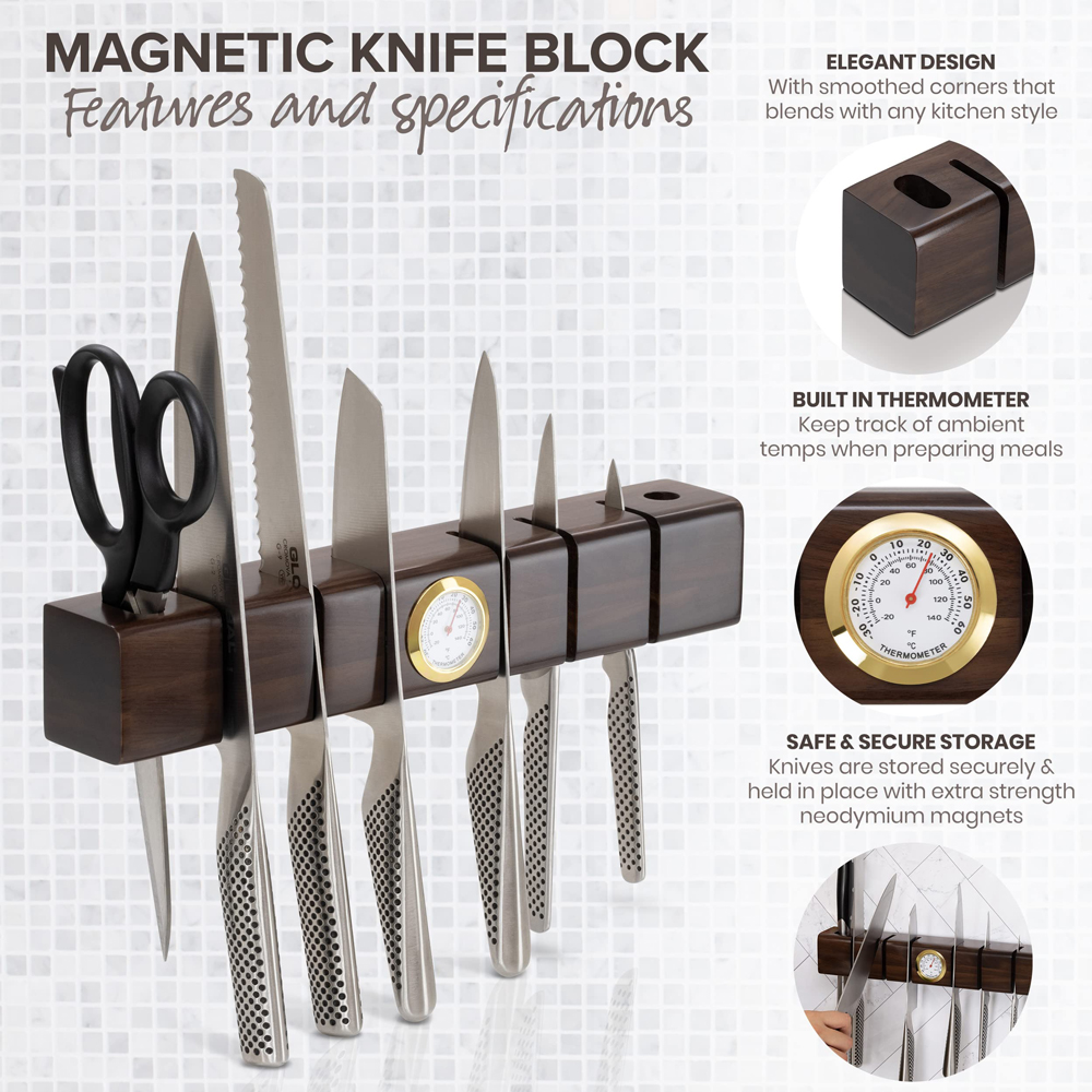 Acacia Wood Knife Holder featuring Super Strong Magnets and Multifunctional Hygrometer