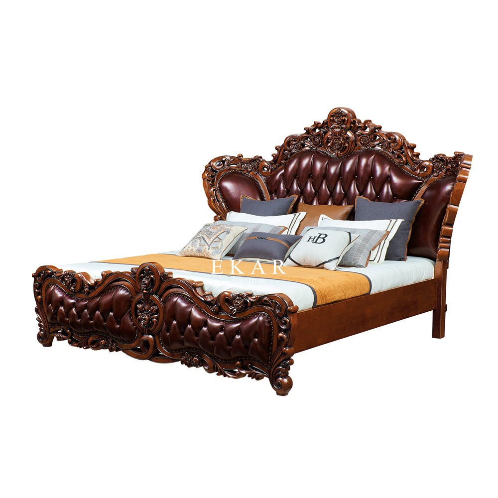 Oak Wood Carving Luxury Classic Design Bedroom Leather King Size Bed