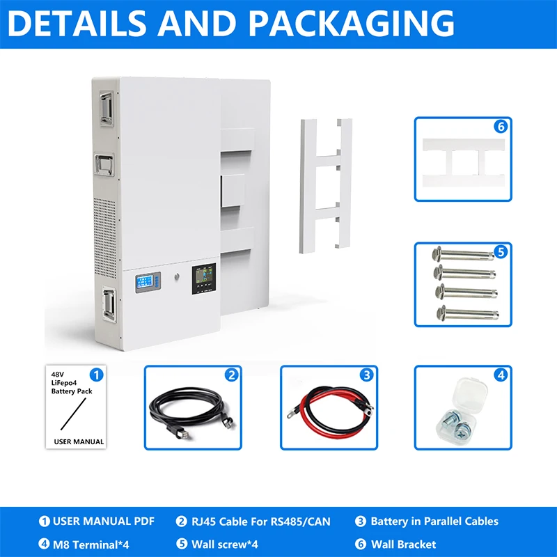 48V 200Ah Powerwall 10Kwh LiFePO4 Battery Built-In 200A BMS CAN RS485 51.2V 6000+ Cycles 10 Years Warranty For Solar Off