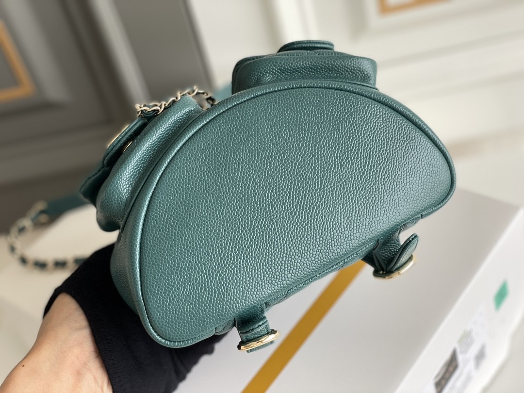 Lychee Leather Chanel Designer Brand Backpack 23P New Duma Small Peacock Green