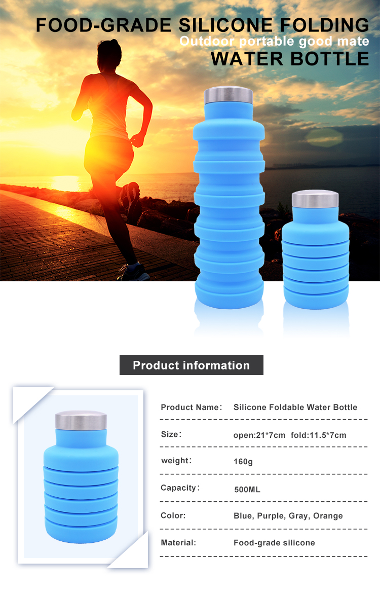 Eco Friendly 500ML Compressible Silicone Roll Up Water Bottle
