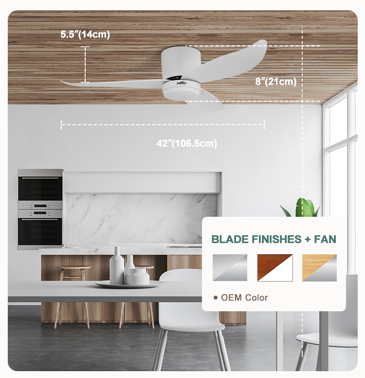 Low Ceiling 42" Flush Mount DC Ceiling Fan with Remote Control and 3 Colors LED Light