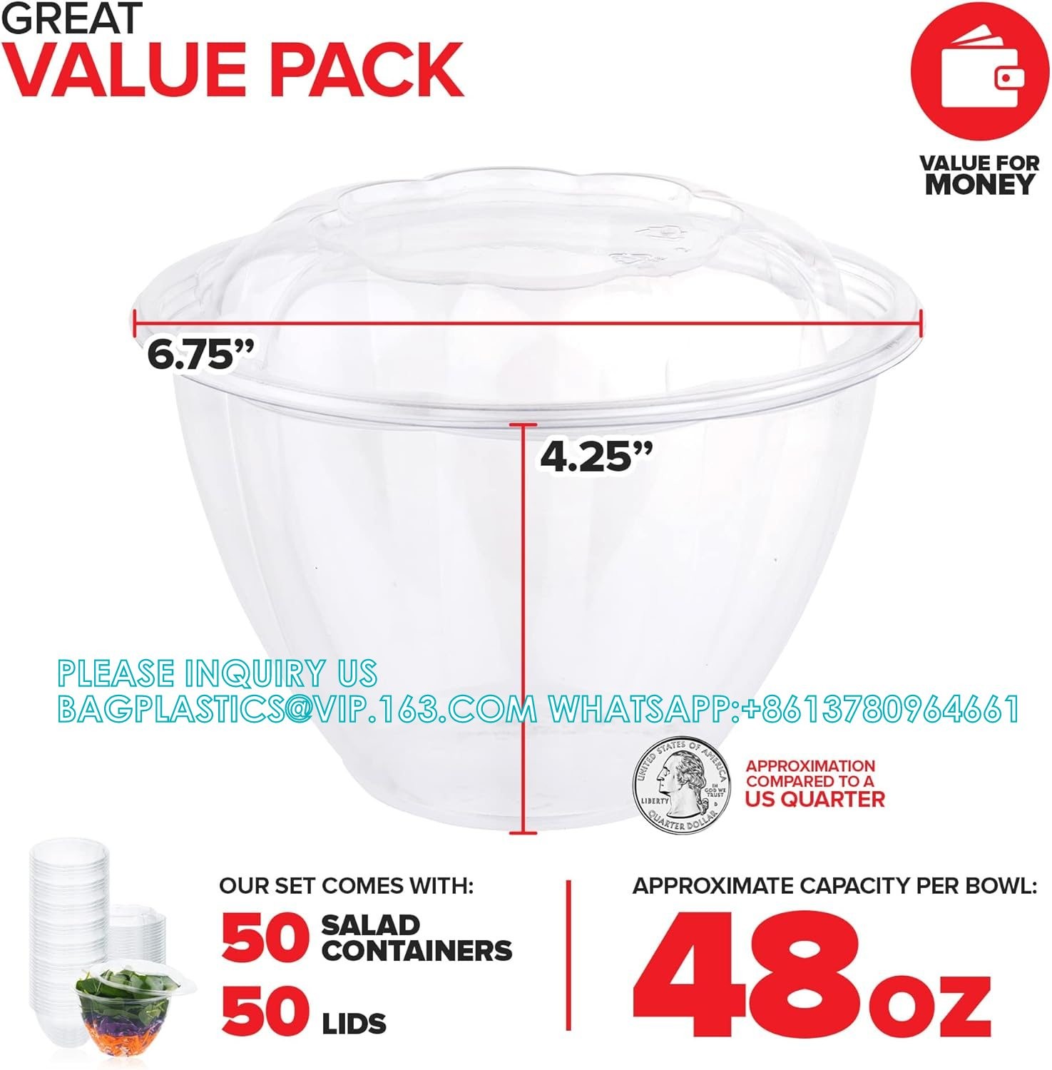 48 Oz. Disposable Salad Bowls - On-The-Go Salad Bowl - Plastic Salad Containers For Dinner - Large Salad Bowl To-Go Cont