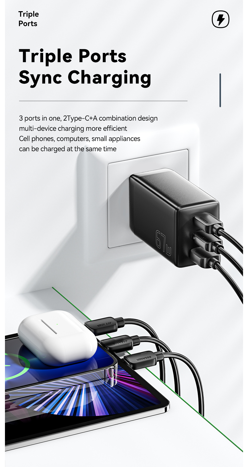 ESSAGER G671A2CU Series USB Fast Charger Type C Quick Charger 67W