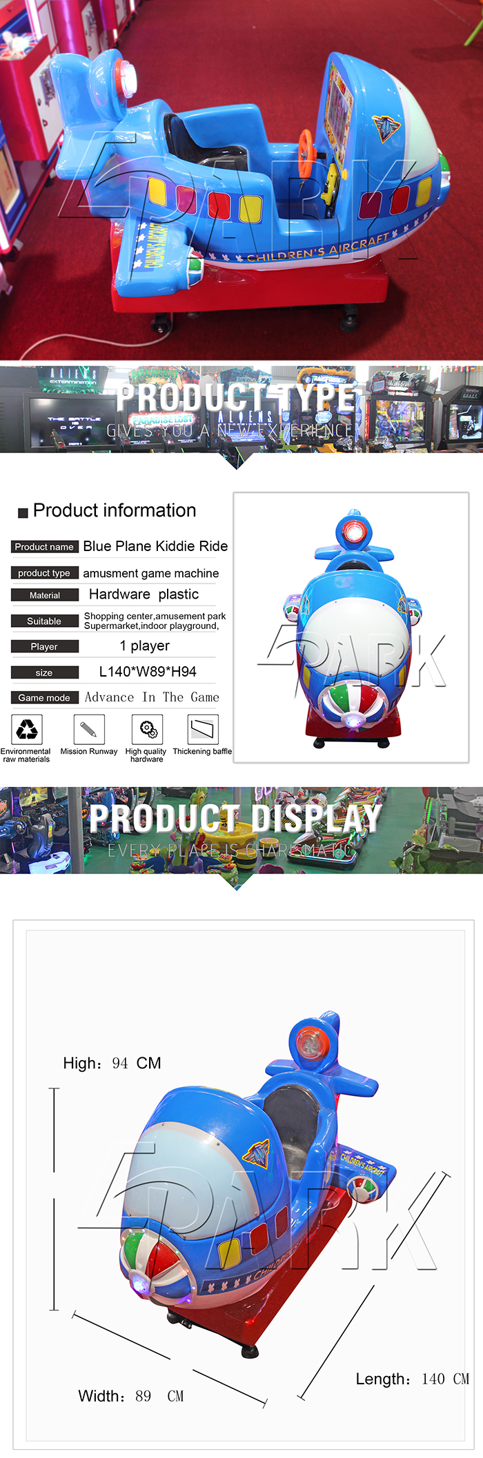 Blue Plane Kiddy Ride Machine / Arcade Amusement Game Machine CE Certificate