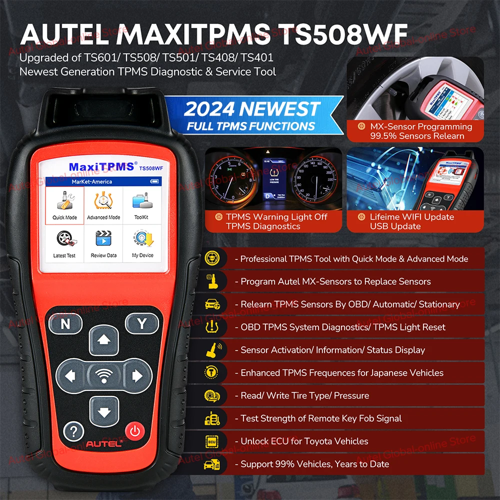 Autel MaxiTPMS TS508WF WiFi TPMS Diagnostic Tool Program MX-sensors, Read/Clear DTCs OBD2 TPMS Relearn Tool Free Update PK TS508