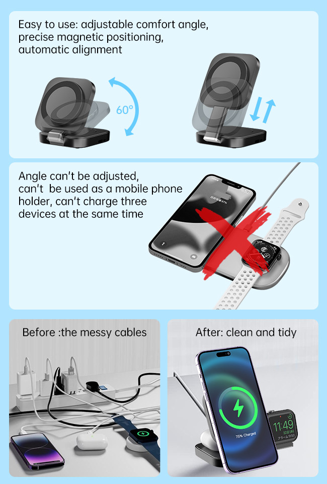 3 In 1 Desktop Wireless Charging Station Aluminium Alloy Magsafe Charger Stand
