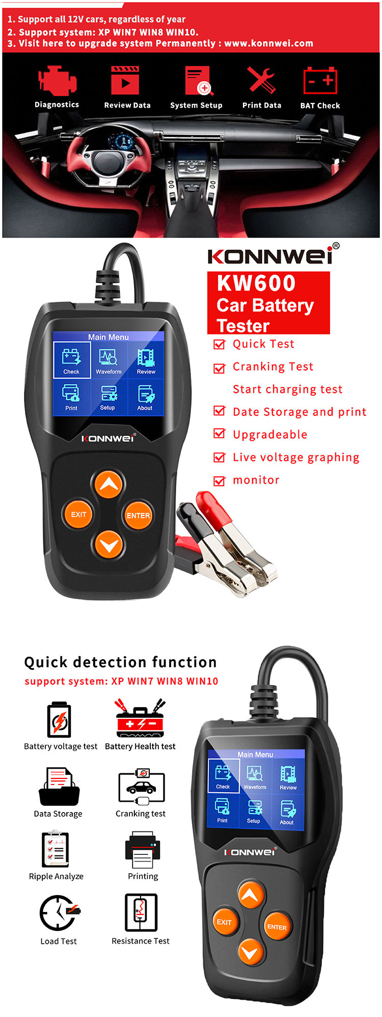 Digital Car Battery Tester Kw600 Multilingual Languages Support Cranking Test Battery Health Test