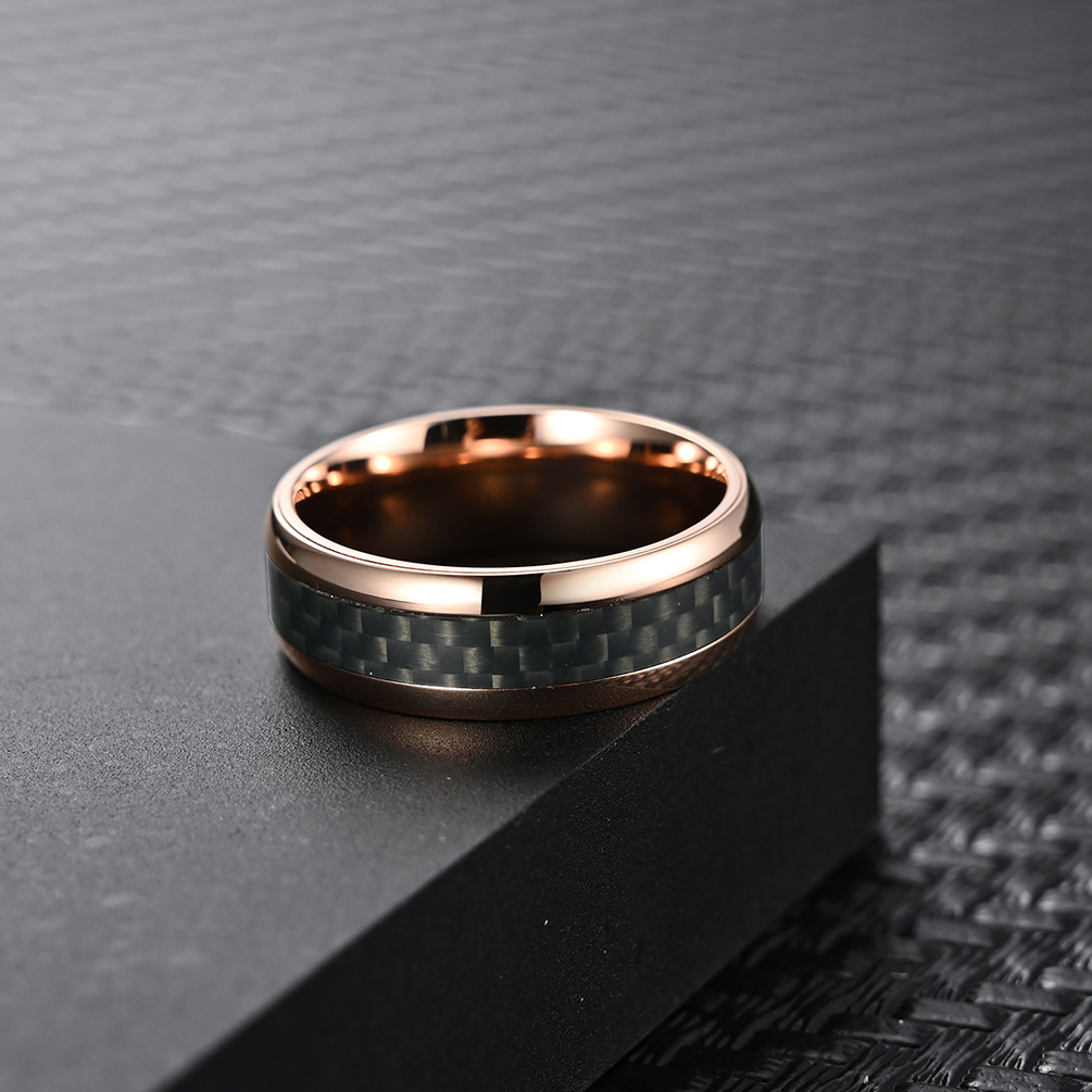 Natural Rose Gold Plated Ring Wedding Men Stainless Steel And Carbon Fiber Ring