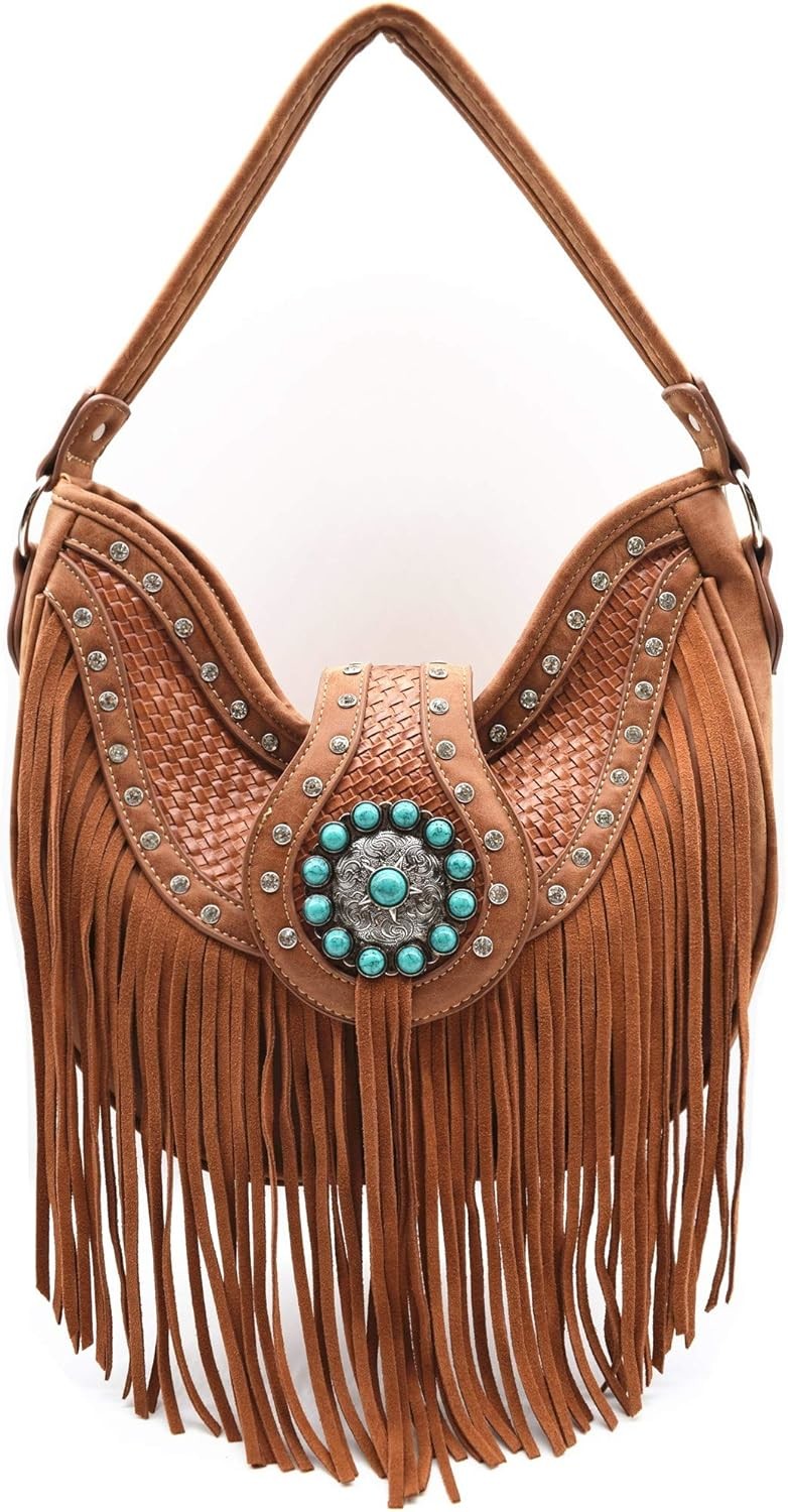 WESTERN STYLE FRINGE CONCHOS GEM RHINESTONE STUDDED BRAIDED LEATHER PURSE COUNTRY HANDBAG WOMEN SHOULDER BAG WALLET SET