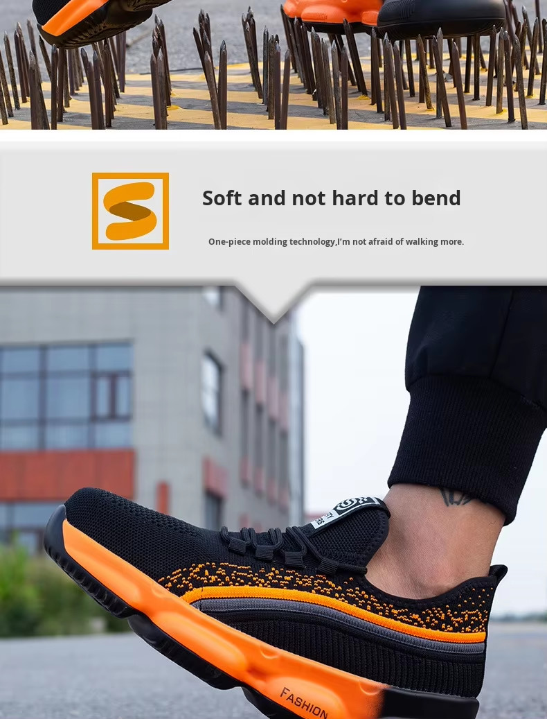 Black Comfortable Kevlar Mid Sole Anti-stab Work Shoes With Steel Toe Breathable Flying Knit