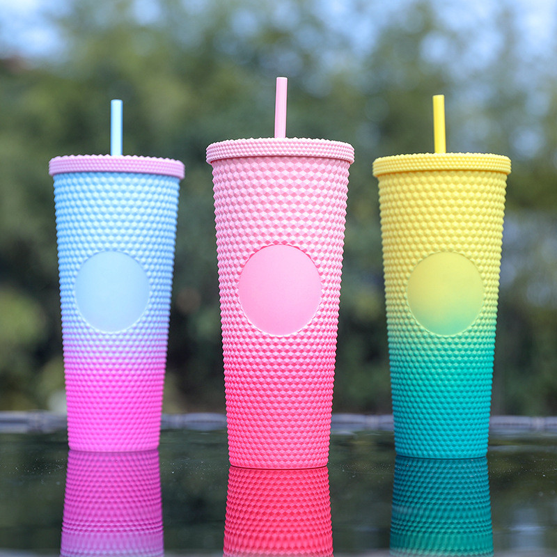 DIY Studded Tumbler With Lid And Straw Reusable Plastic Acrylic Cup Double Walled Iridescent Travel Tumbler For Iced Coffee Cold Water Smoothie Wide