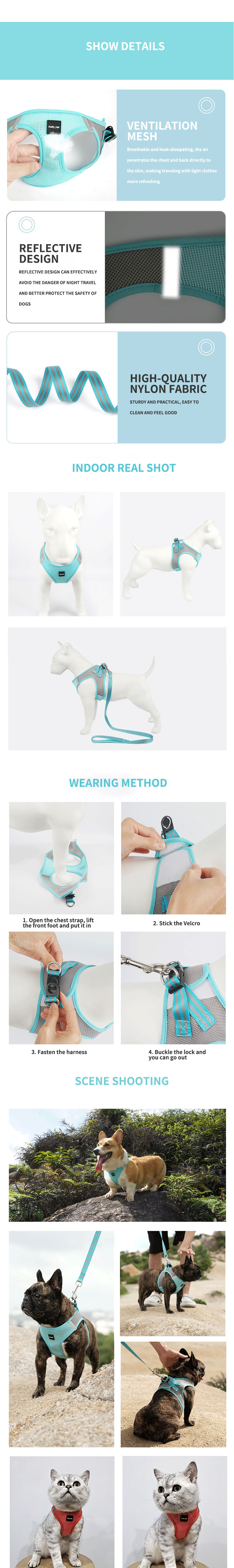 Dog Harness Breathable Mesh Cloth Pet Leash Adjustable Custom Designer Nylon Webbing