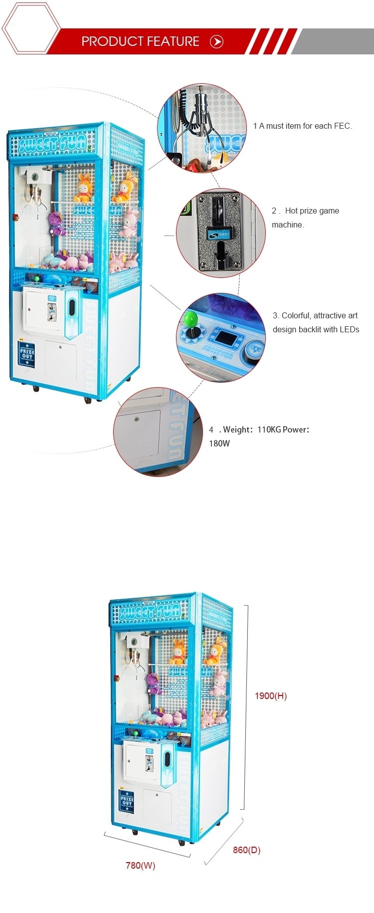 Small Gift Vending Machine Size 780*860*1900mm / Claw Toy Grabber Machine