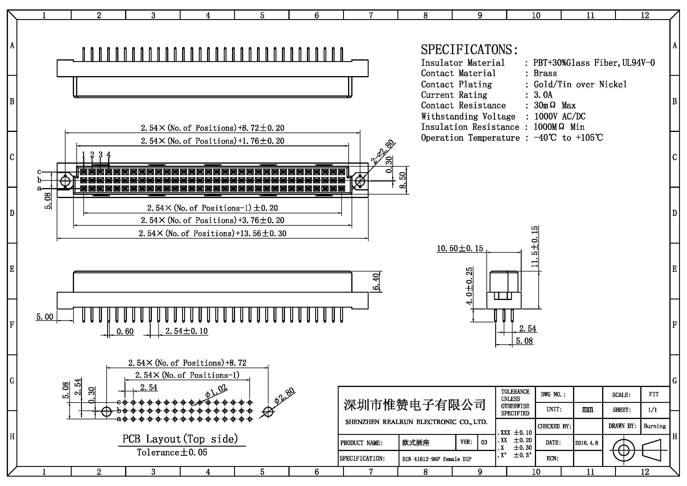 180 Degree DIN 41612 Connector Two Row Header 2x5 Pin Brass Contact Material