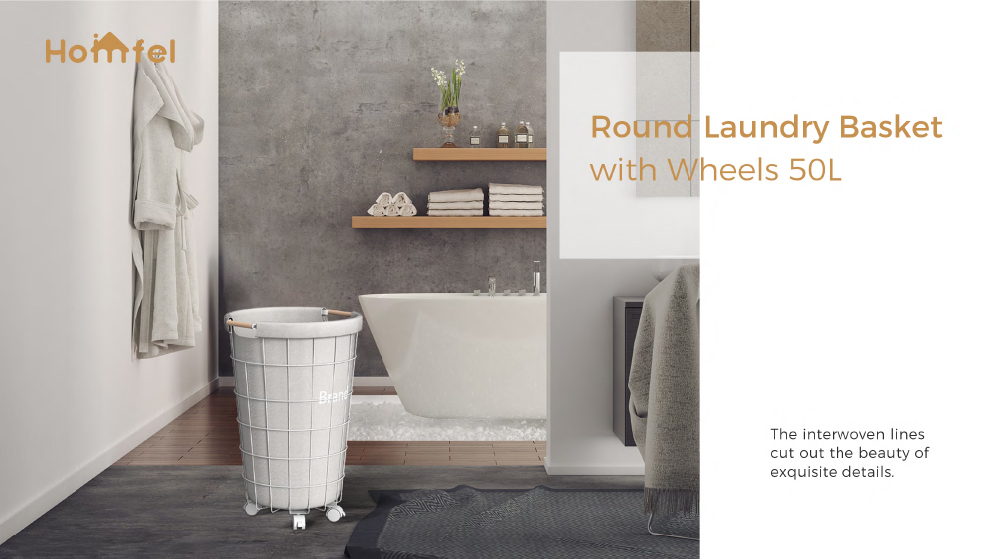 Round Iron Metal Laundry Cart With Wheels And Bamboo Handle Big Capacity