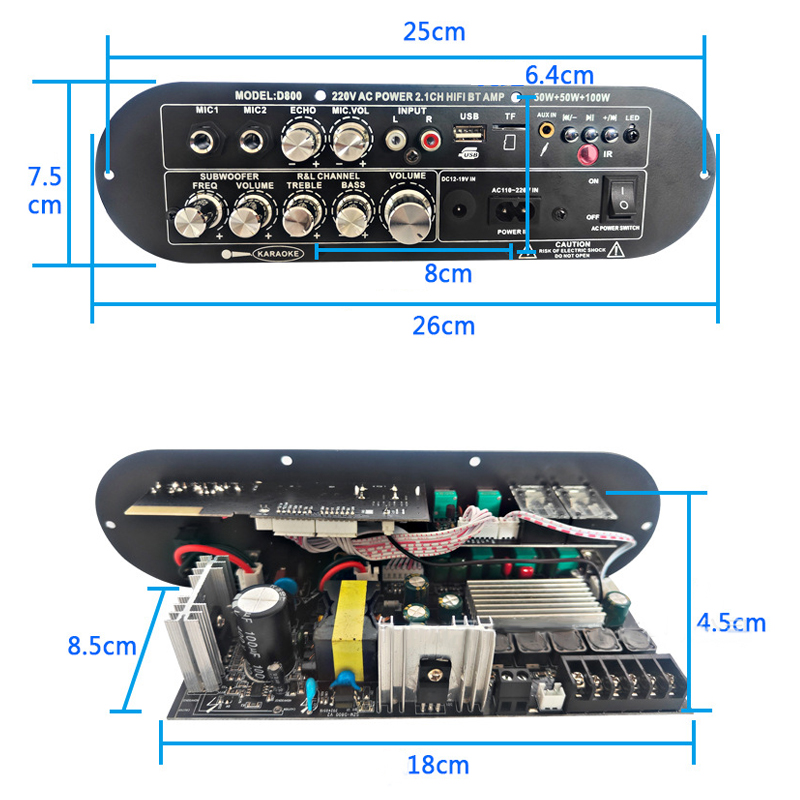 D800 Professional DJ/Karaoke Bluetooth Digital Amplifier Board 2.0 Channel 12V Rechargeable Subwoofer High/Low Tone High Power