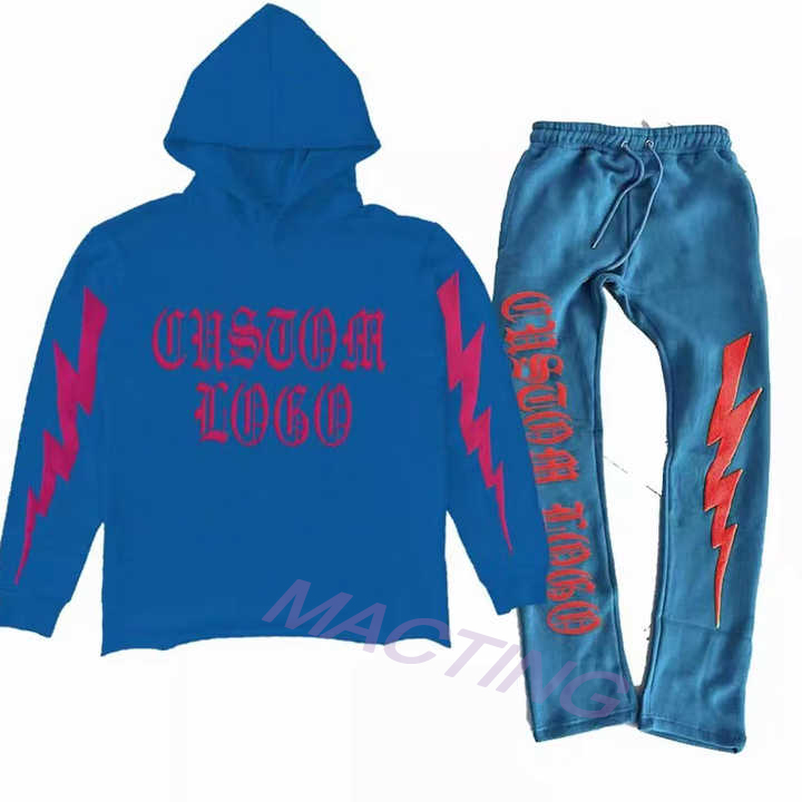 Men's Cotton French Terry Cropped Raw Hem Cut Sew Acid Washed Flared Sweatpants Hoodie Set