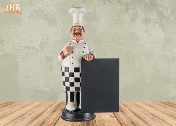 Happy Fat Polyresin Chef Holding Wooden Chalkboard Resin Chef Statue Figure