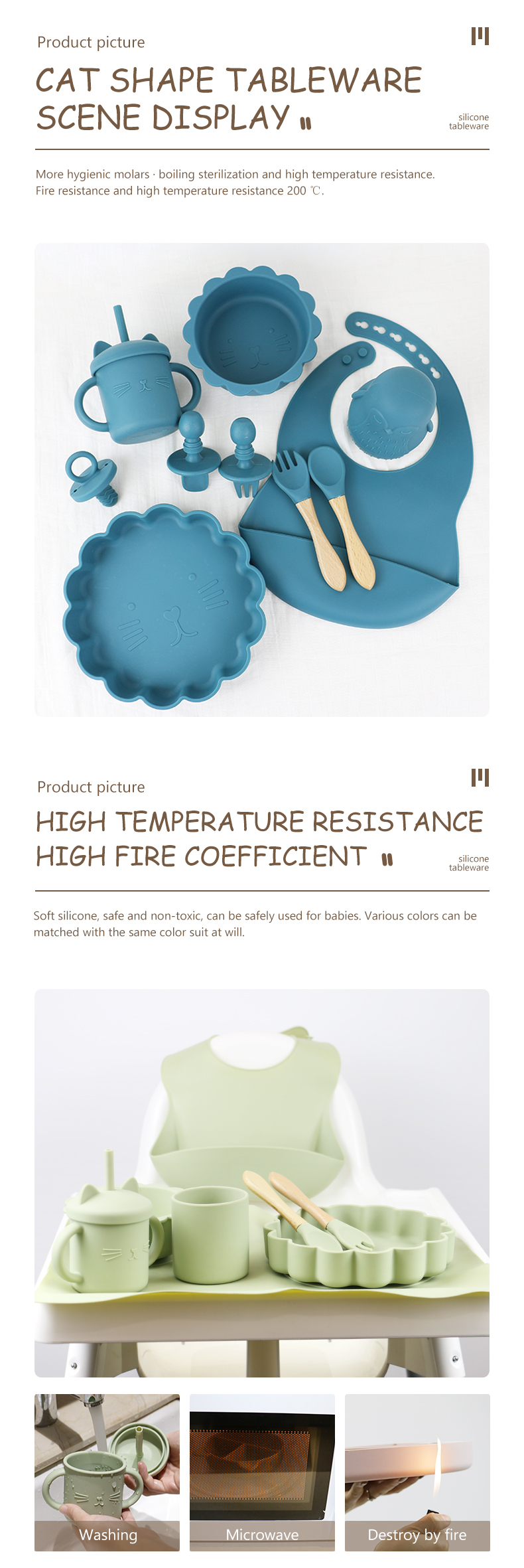 customized silicone products Food Grade Silicone feeding Set Cartoon cat Style silicone baby food set