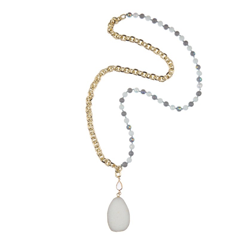 Natural Gemstone Druzy Pendant Healing Beads Necklace 8mm With Gold Chain
