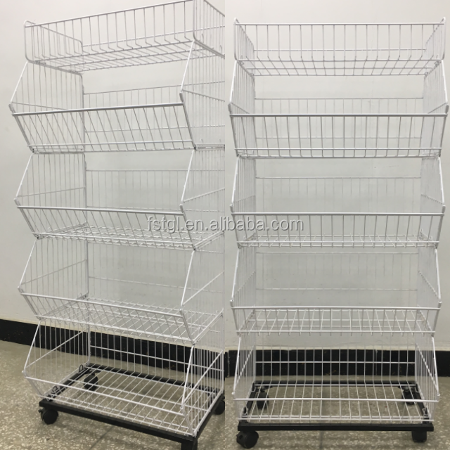 Versatile 5-Tier Metal Wire Basket Stand for Supermarket Snack Display in Metallic