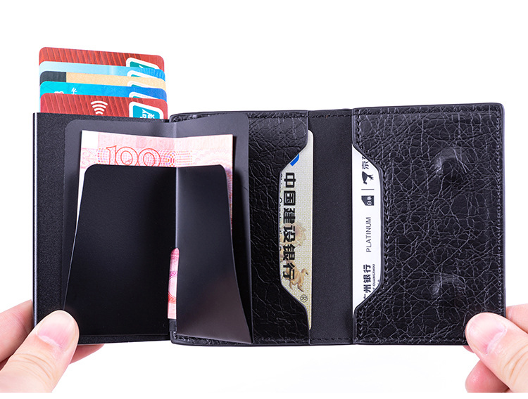 Mens Slim Aluminium Wallet Card Holder Pop-up Cards RFID Blocking Crazy Horse Pattern Case