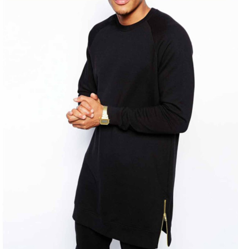 Custom new design cheap black blank long sleeve cotton casual wholesale side zipper tees