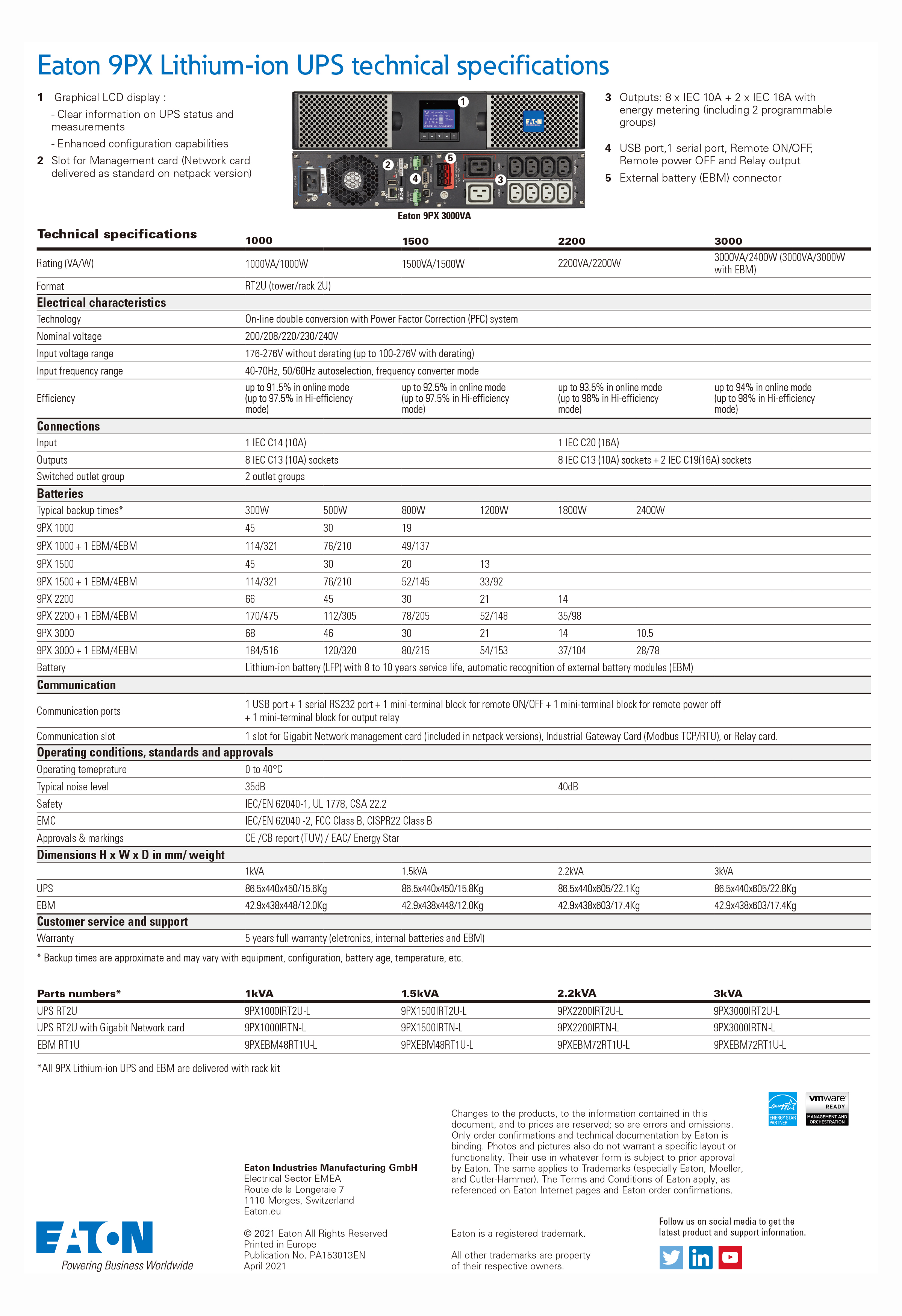 On-line Eaton 9PX Lithium 1KVA 1.5KVA 2.2KVA 3KVA Single Phase UPS For Computer/Networking
