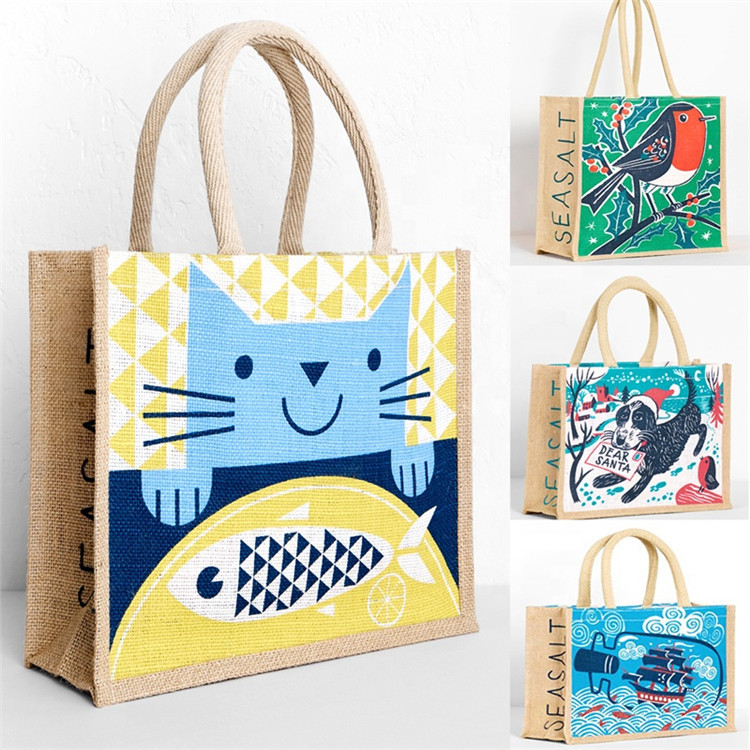 Personalized Animal Print Large Burlap Beach Bag With Cotton Handles