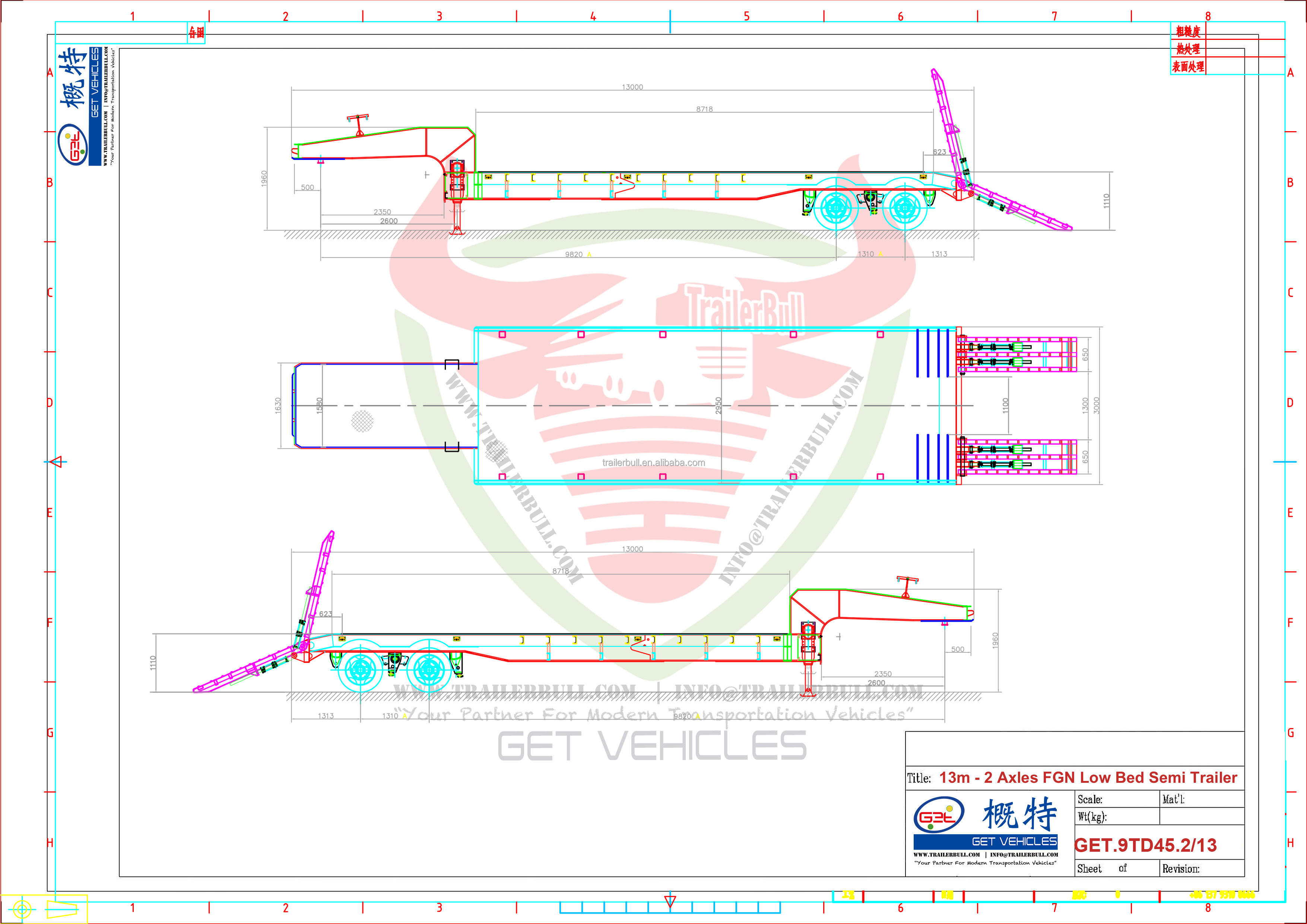 Dual Circuit WABCO Brake 13m FGN Low Bed Truck Semi Trailer for Excavator Transport