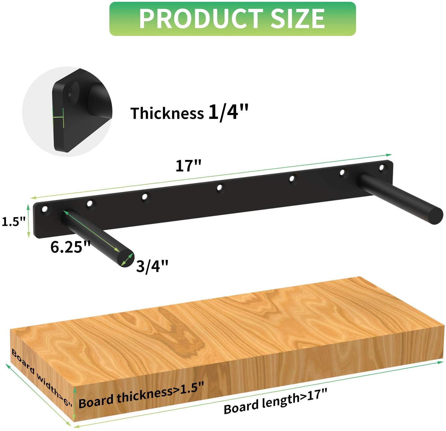 Heavy Duty Invisible 18 inch Floating Shelf Bracket with Solid Steel Support Rods for Hidden Shelves