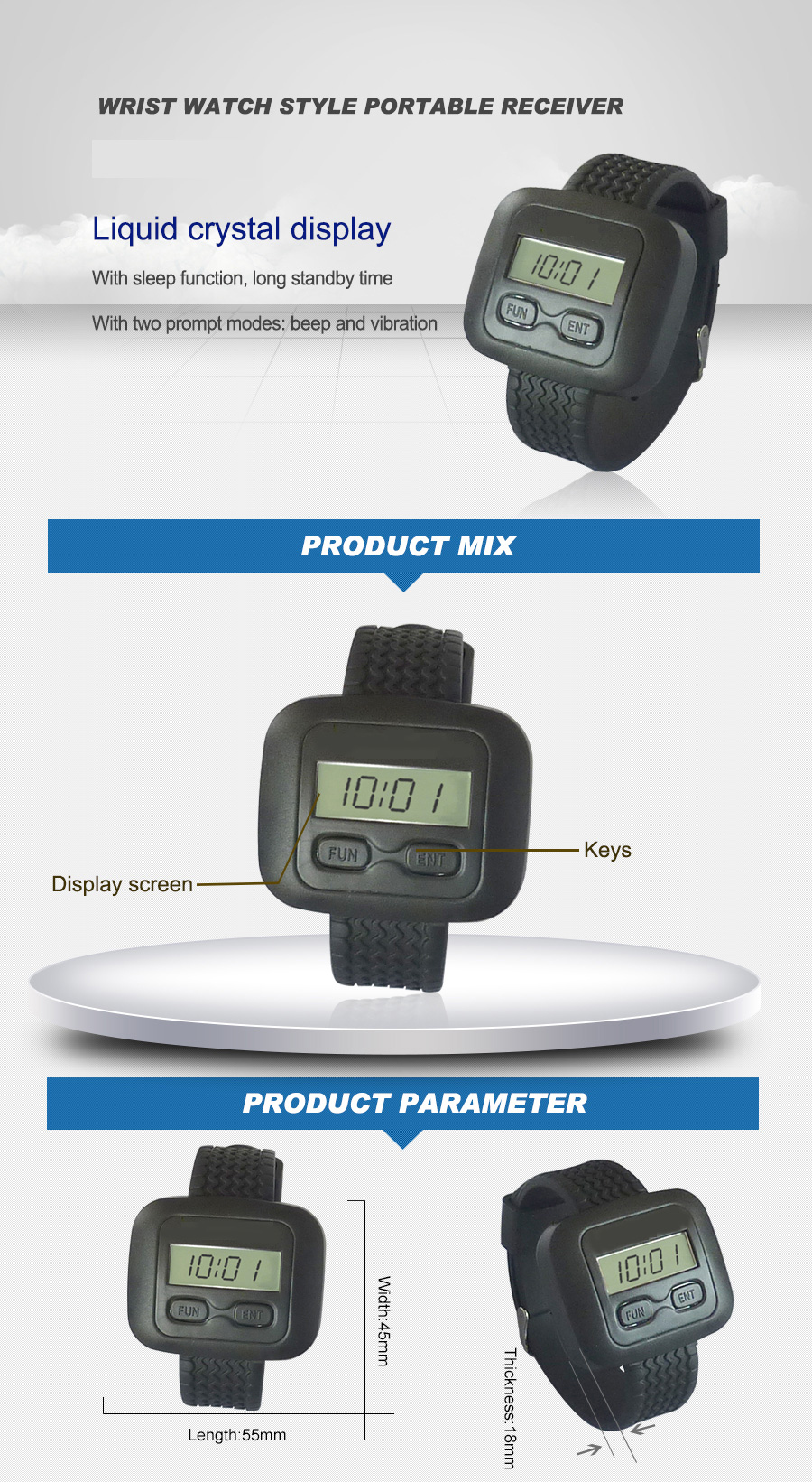 433Mhz best price wireless restaurant waiter wrist watch pager with CE rohs