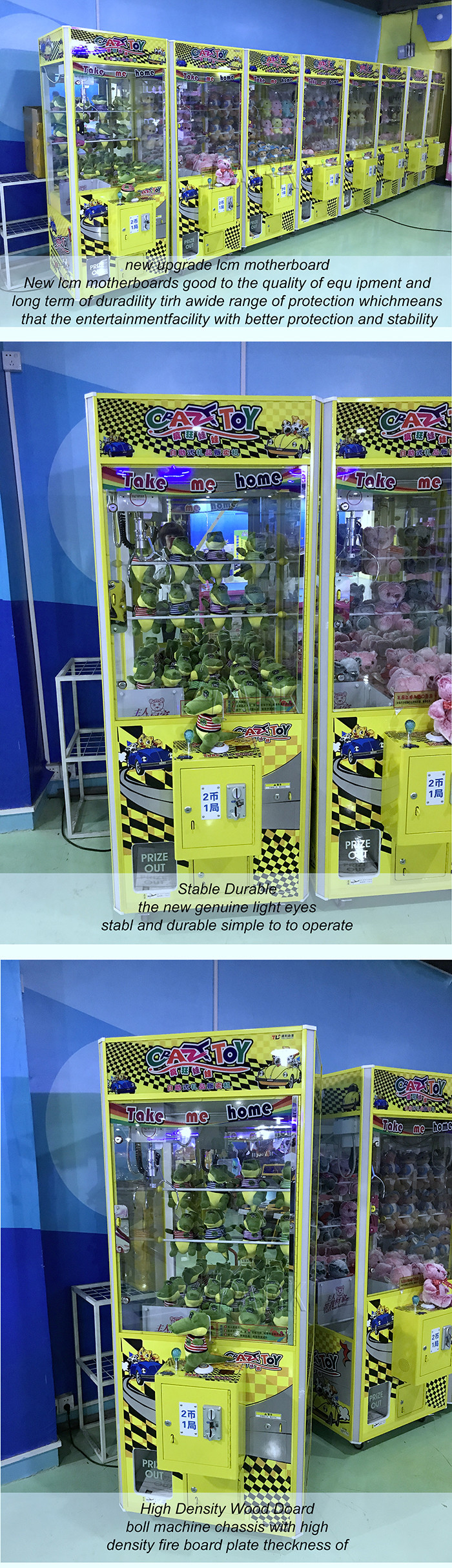 Coin Operated Gift Claw Crane Machine / Crazy 3 Toy Catcher Prize Machine Games