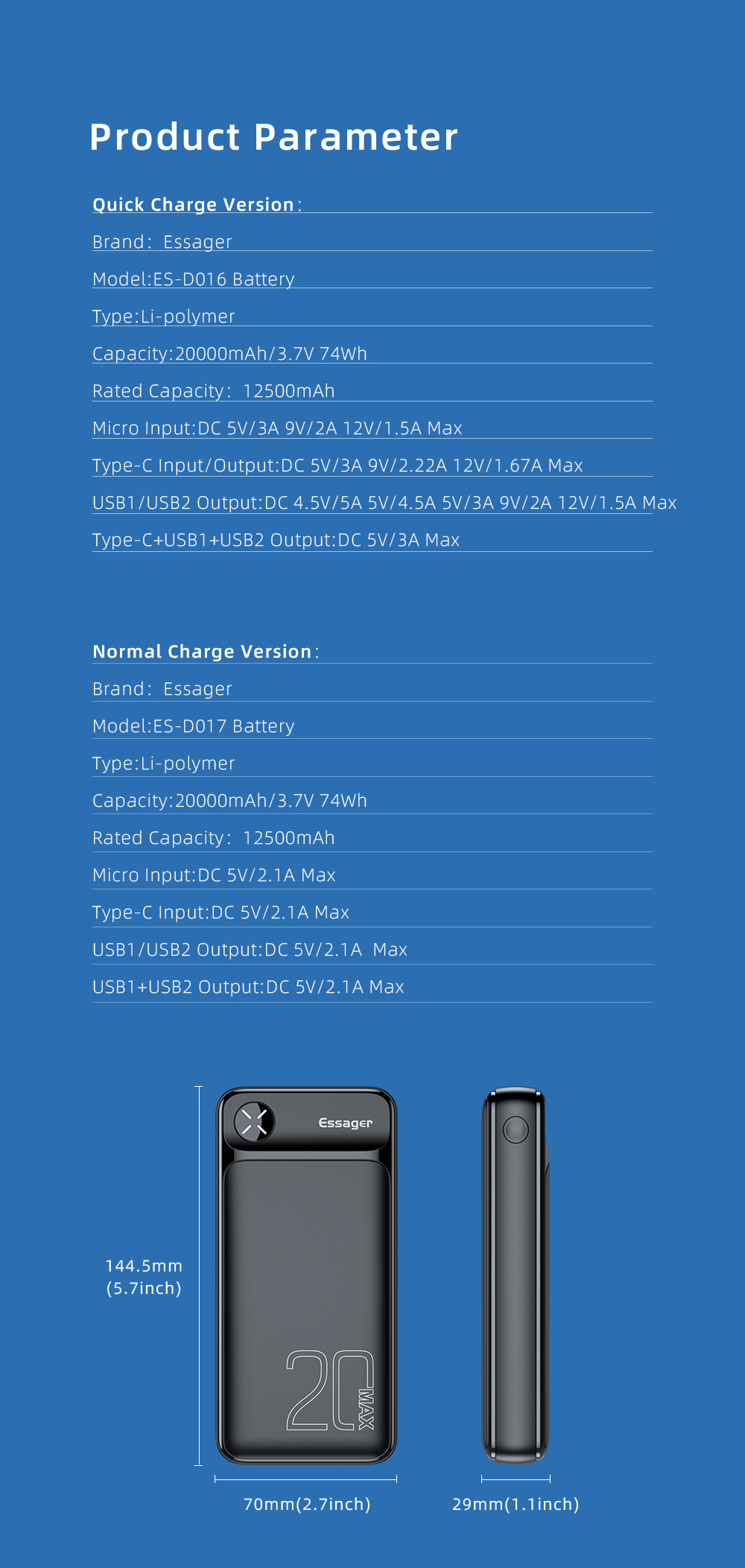 Essager Latitude Portable Power Bank Charger 20000mAh 3 Output 2 Input