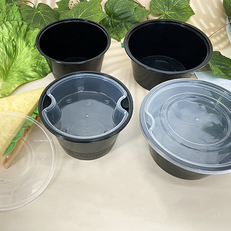 Two Layers Takeaway Food Container Snap On Black Disposable Soup Bowls