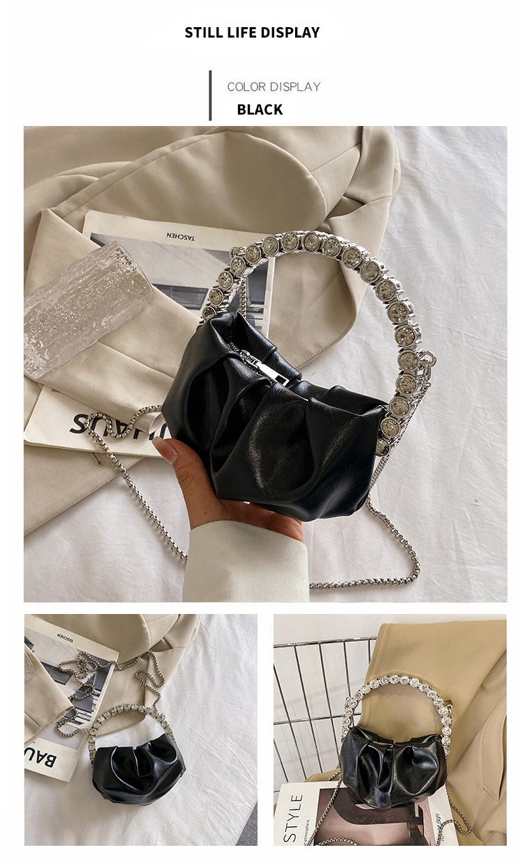 Custom Logo Women's Half Moon Clutch Purse with Chic Pleated Design and Diamond Handle